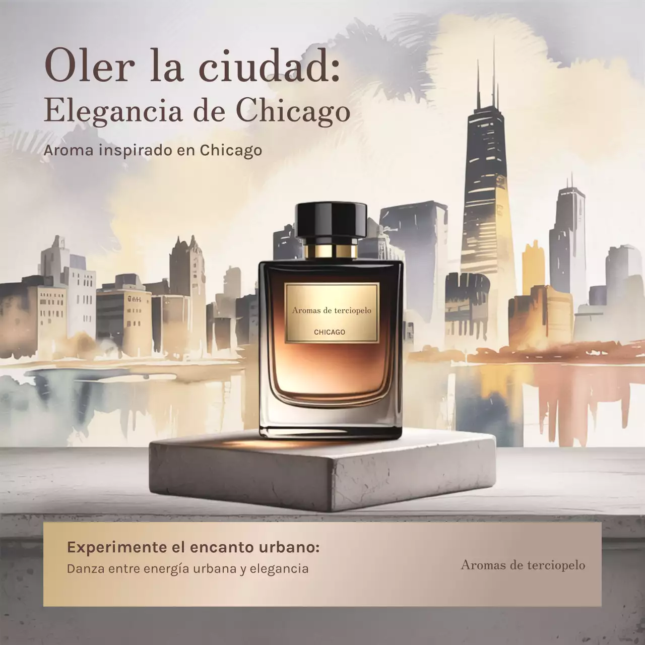 Publicación en redes sociales de un elegante perfume beige