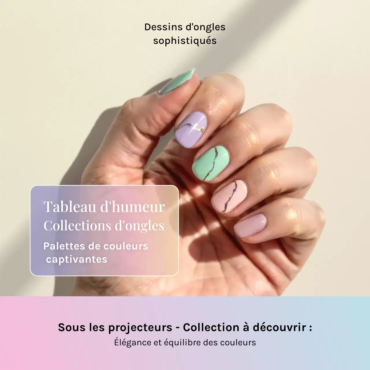 Publication promotionnelle sur les réseaux sociaux pour une collection d'ongles pastel élégants