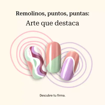 Publicación en redes sociales para promocionar diseños de uñas modernos y coloridos