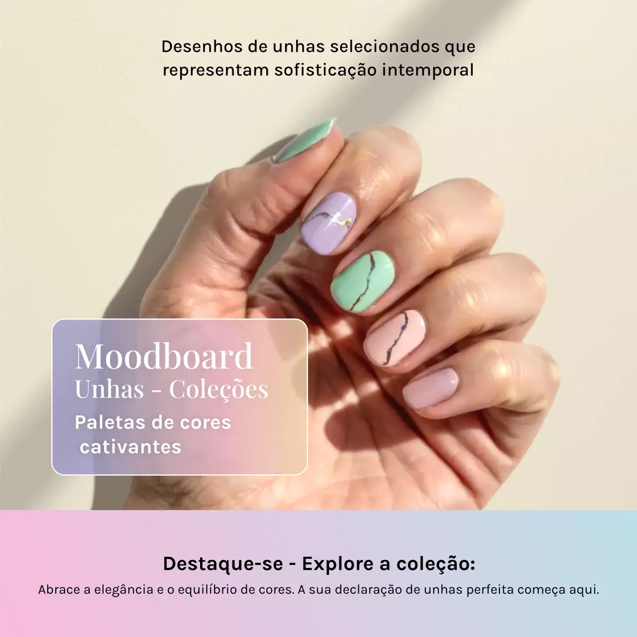 Postagem promocional da coleção de unhas elegantes em tons pastel nas redes sociais