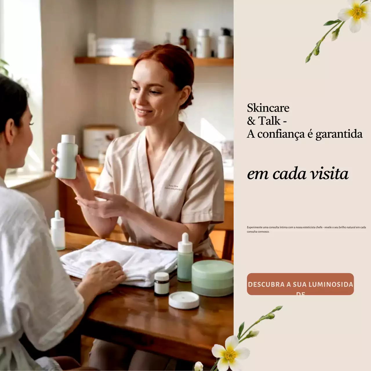 Anúncio de cuidados com a pele elegante bege em quadrados de mídia social