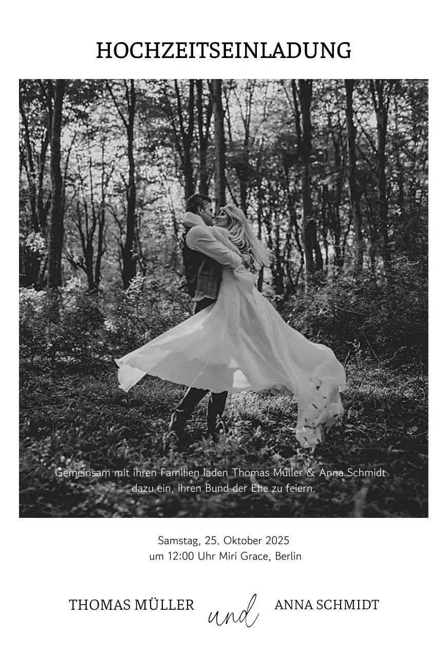 Klassische Hochzeitseinladung in Schwarz und Weiß