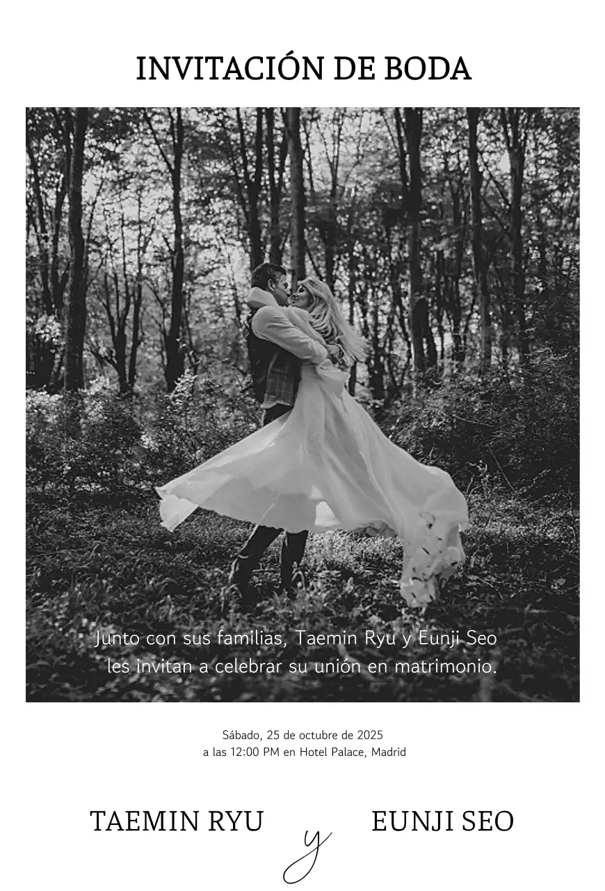 Invitación de boda clásica en blanco y negro