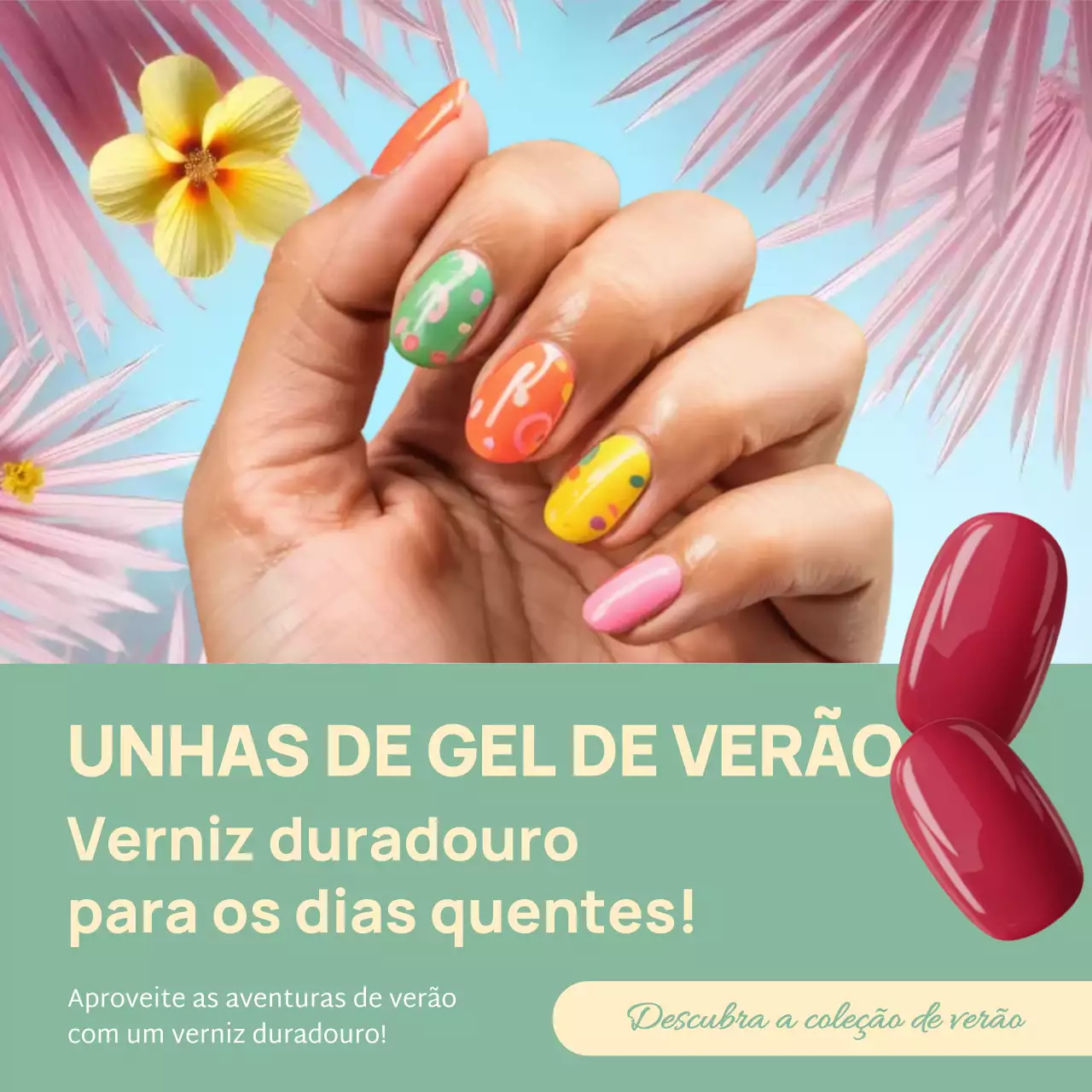 Promoção de unhas modernas coloridas em mídias sociais