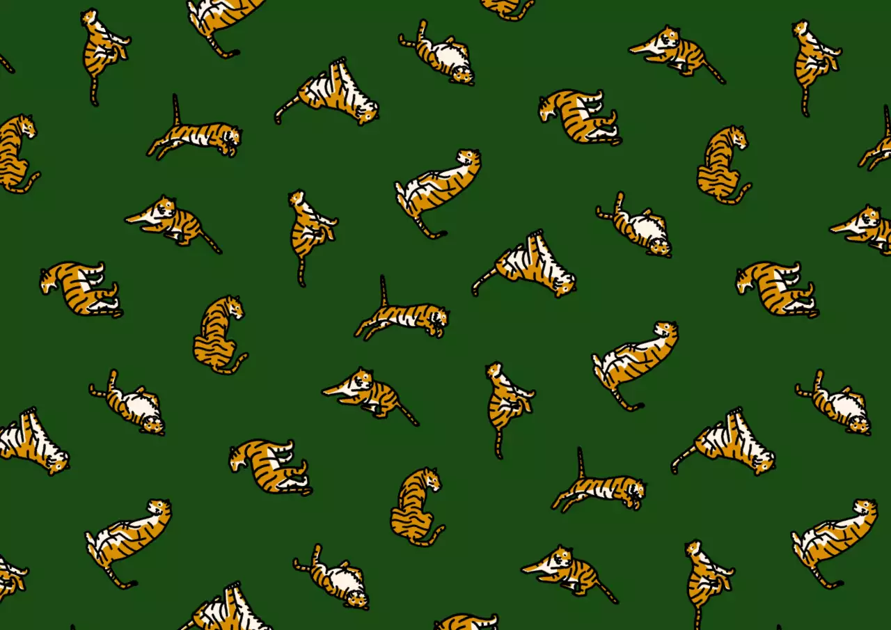 초록 배경의 다양한 호랑이 포즈 패턴 포장지