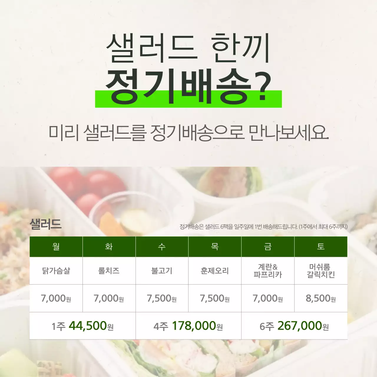 연두색 심플한 샐러드정기배송 요일가격 설명