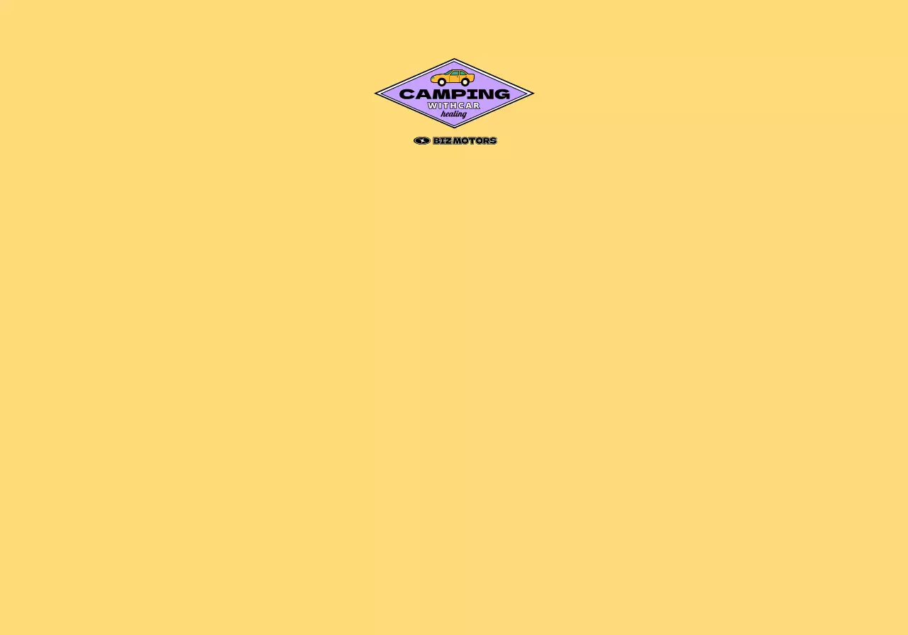 노란색과 파란색의 하이틴 컨셉의 스티커로 꾸며진 차량 캠핑 컨셉의 폴딩형 주머니가 있는 자동차 대리점