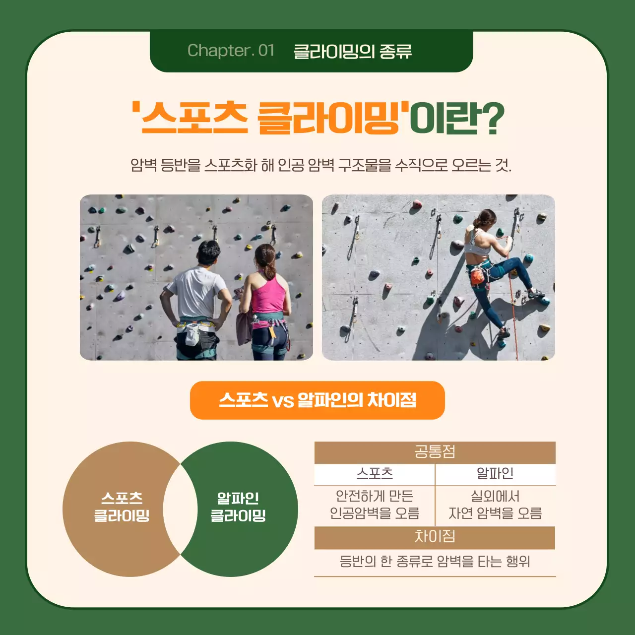 차분한 다크그린톤의 배경 프레임이 깔끔한 21세기 최고의 취미 클라이밍