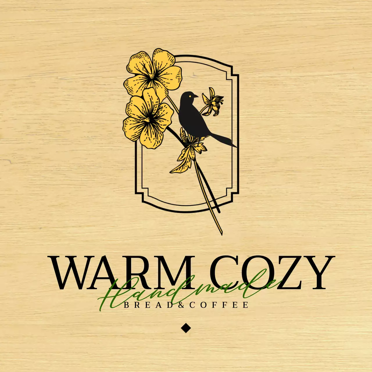 黒と黄色の花と鳥のイラストが印象的なベーカリーカフェのデザイン。