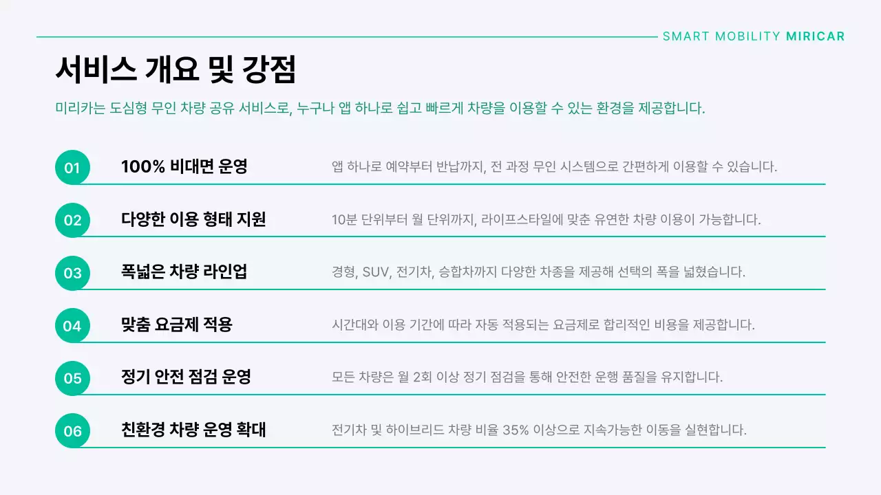 민트색과 회색의 모던한 자동차 카셰어링 회사 소개서