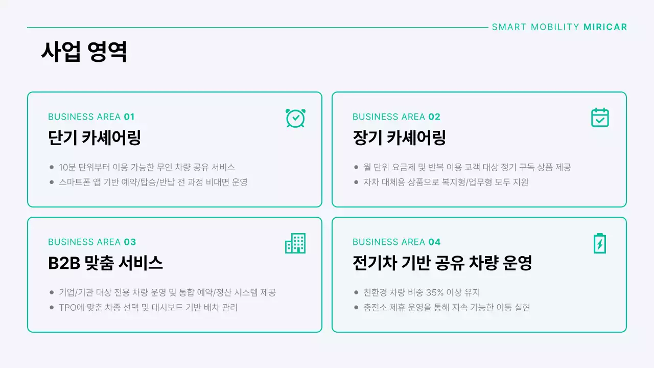 민트색과 회색의 모던한 자동차 카셰어링 회사 소개서