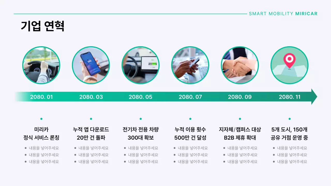 민트색과 회색의 모던한 자동차 카셰어링 회사 소개서