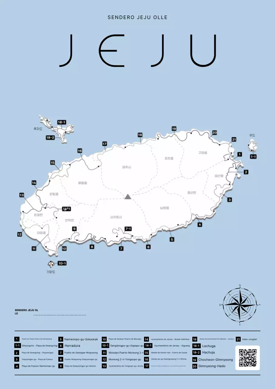 Guía del mapa simple de la isla de Jeju en color azul cielo