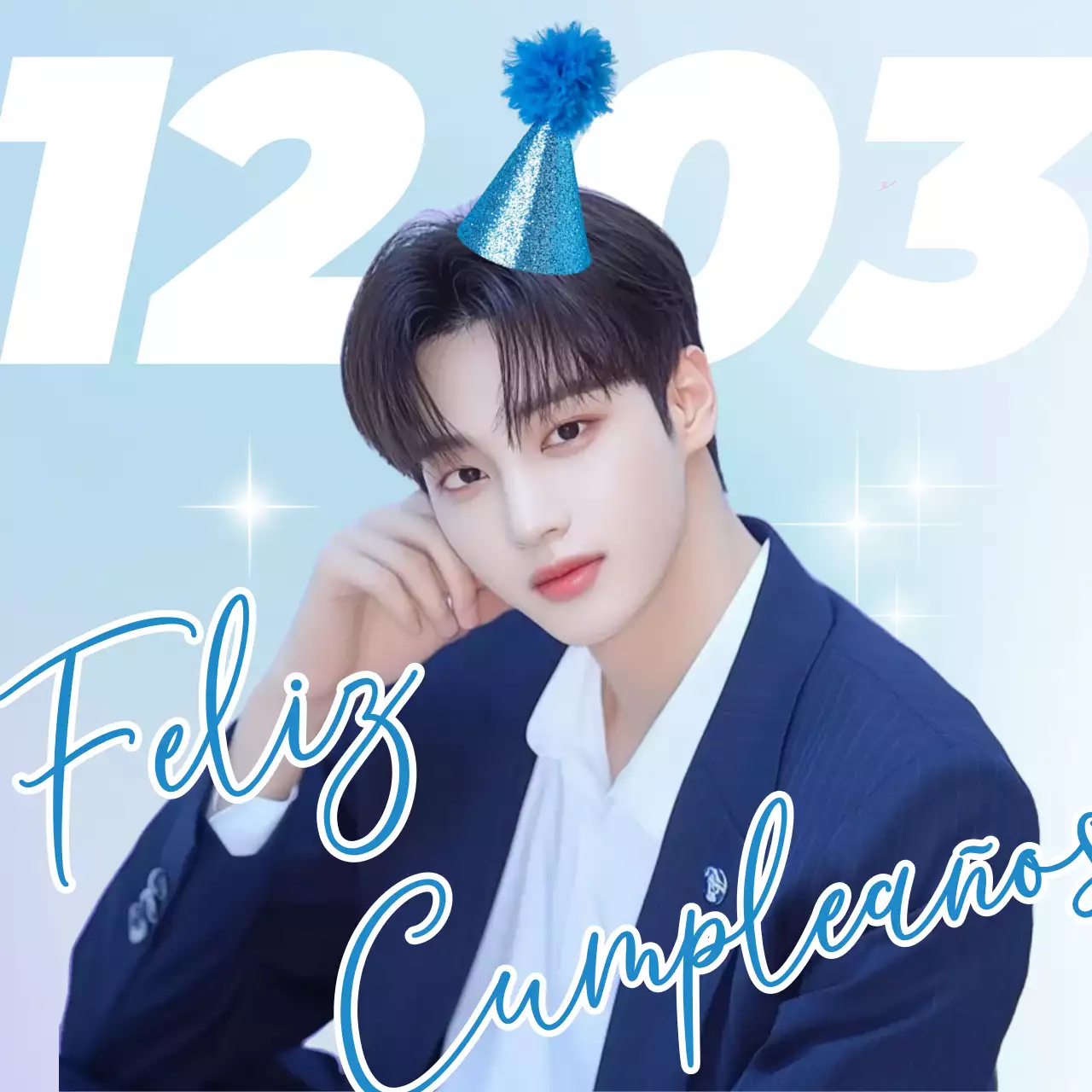 Pegatina de celebración de cumpleaños de Boy Idol azul cielo con felicitaciones