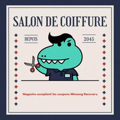 Salon de coiffure rétro en bleu, publicité pour un coupon de réduction Minseonghoebok