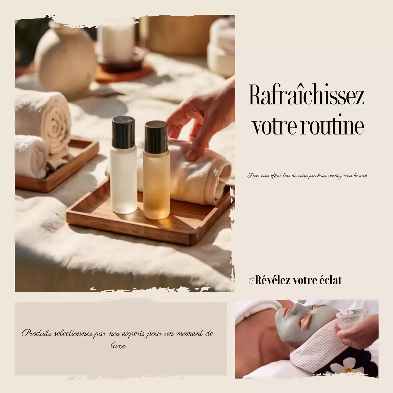 Carrés de promotion des soins de la peau beiges et élégants sur les réseaux sociaux