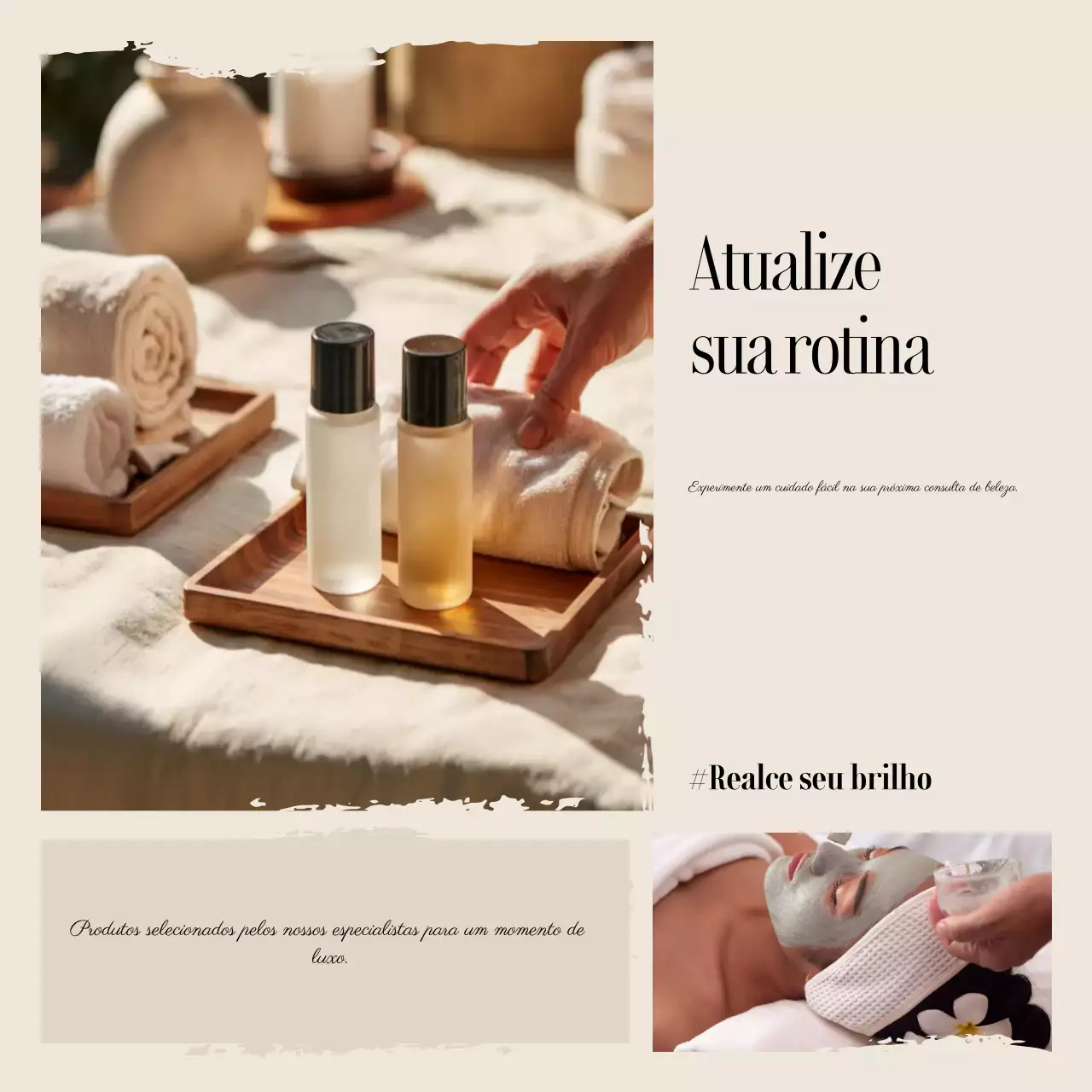 Quadrados de mídia social para promoção de cuidados com a pele elegantes em bege