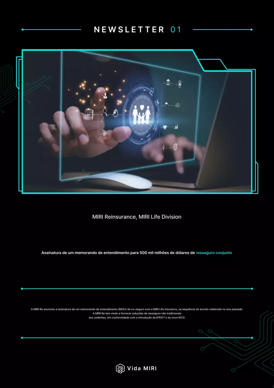 Boletim informativo promocional de negócios de resseguros em preto e elegante