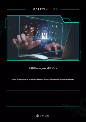 Boletín promocional elegante y en negro para empresas de reaseguros.