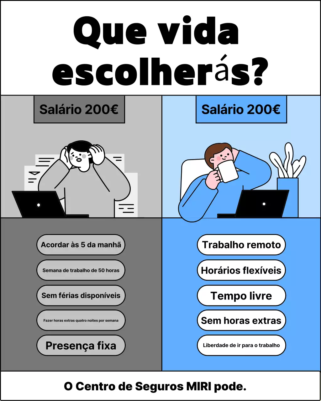 Anúncio de comparação da vida no escritório simples em cinza