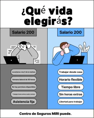 Anuncio comparativo de la vida en la oficina sencilla y gris