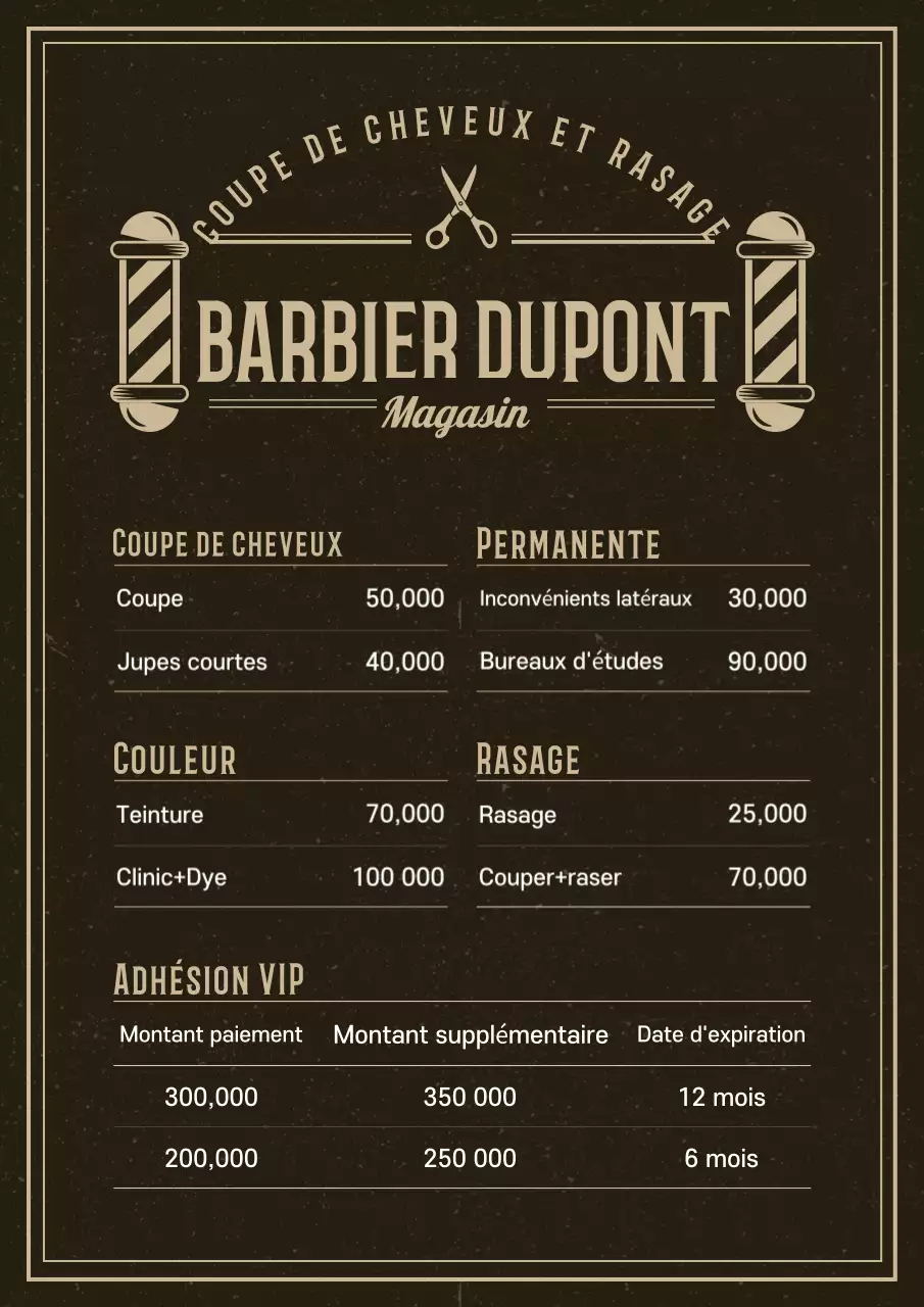 Menu du salon de coiffure vintage noir