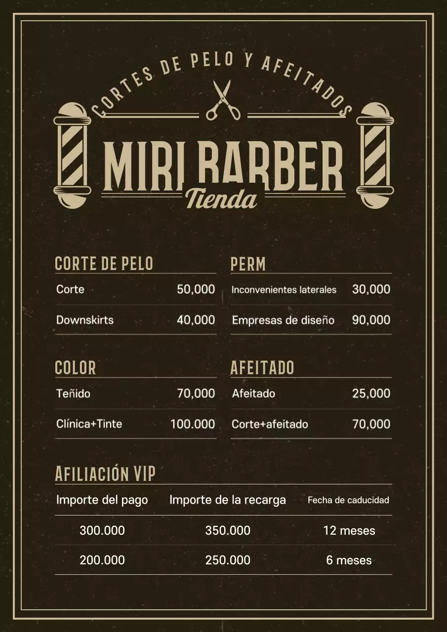 Menú de la barbería Black Vintage