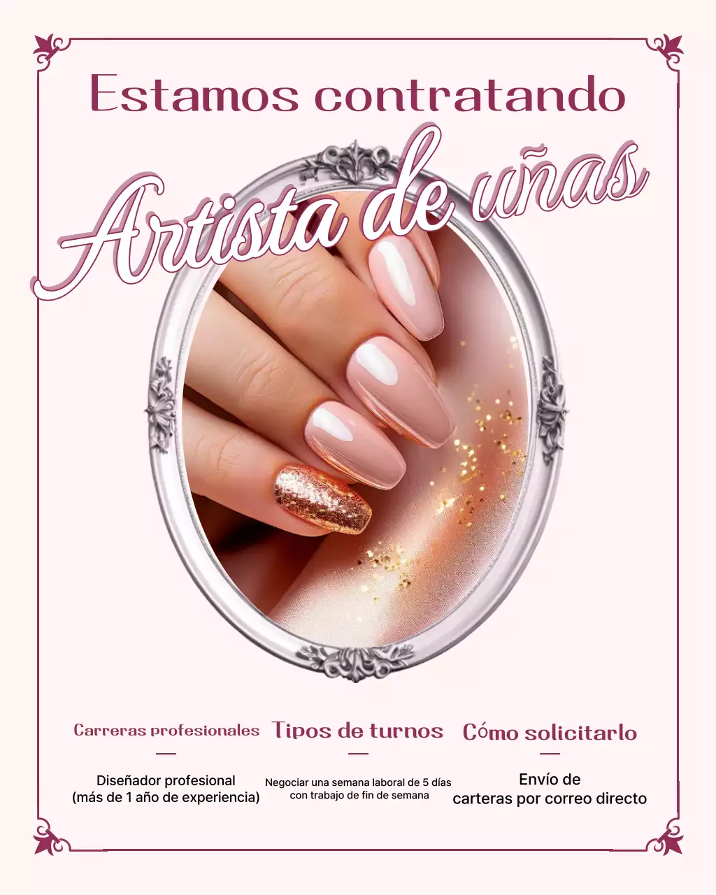 Oferta de empleo de diseño de uñas de lujo en color rosa