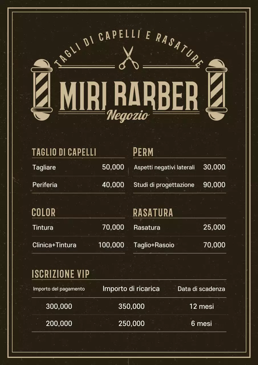 Menù del barbiere vintage nero