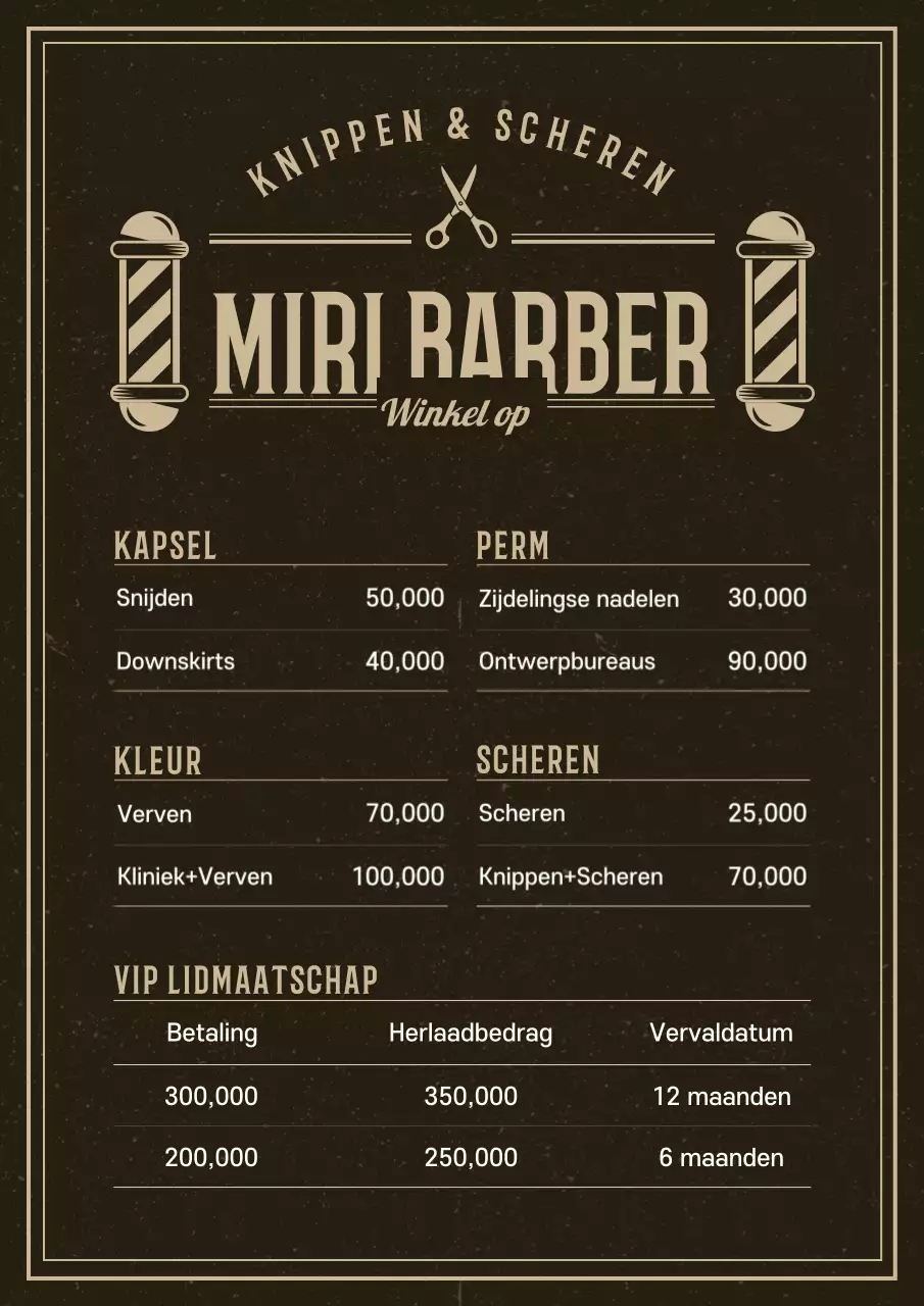 Zwarte Vintage Kapperszaak Menu