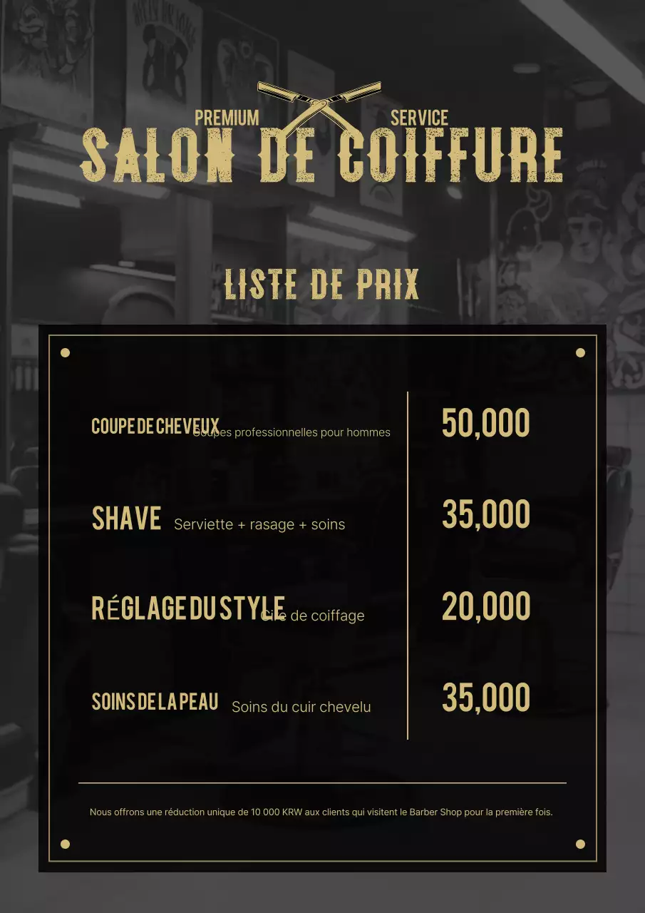 Liste de prix du salon de coiffure vintage noir