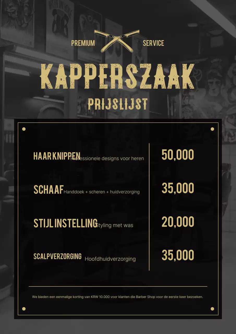 Zwarte vintage kapperszaak prijslijst