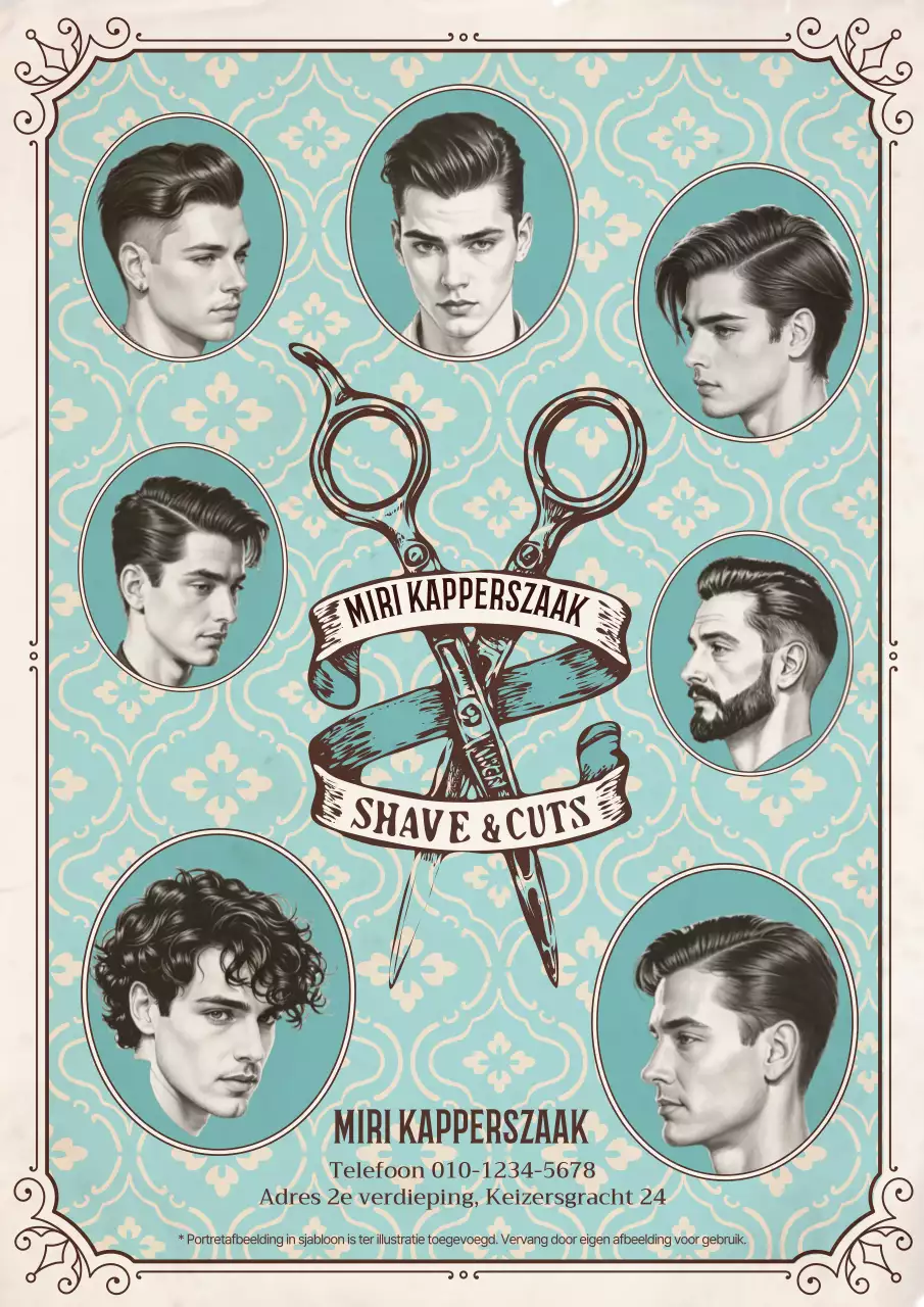 Hemelsblauwe vintage kapperszaakadvertentie