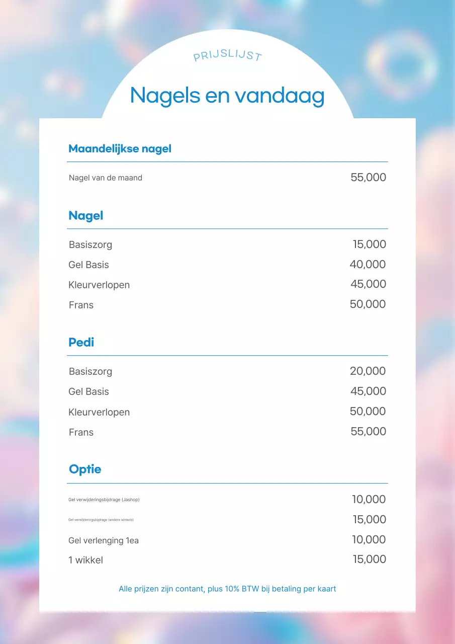 Blauwe eenvoudige nagelprijslijst