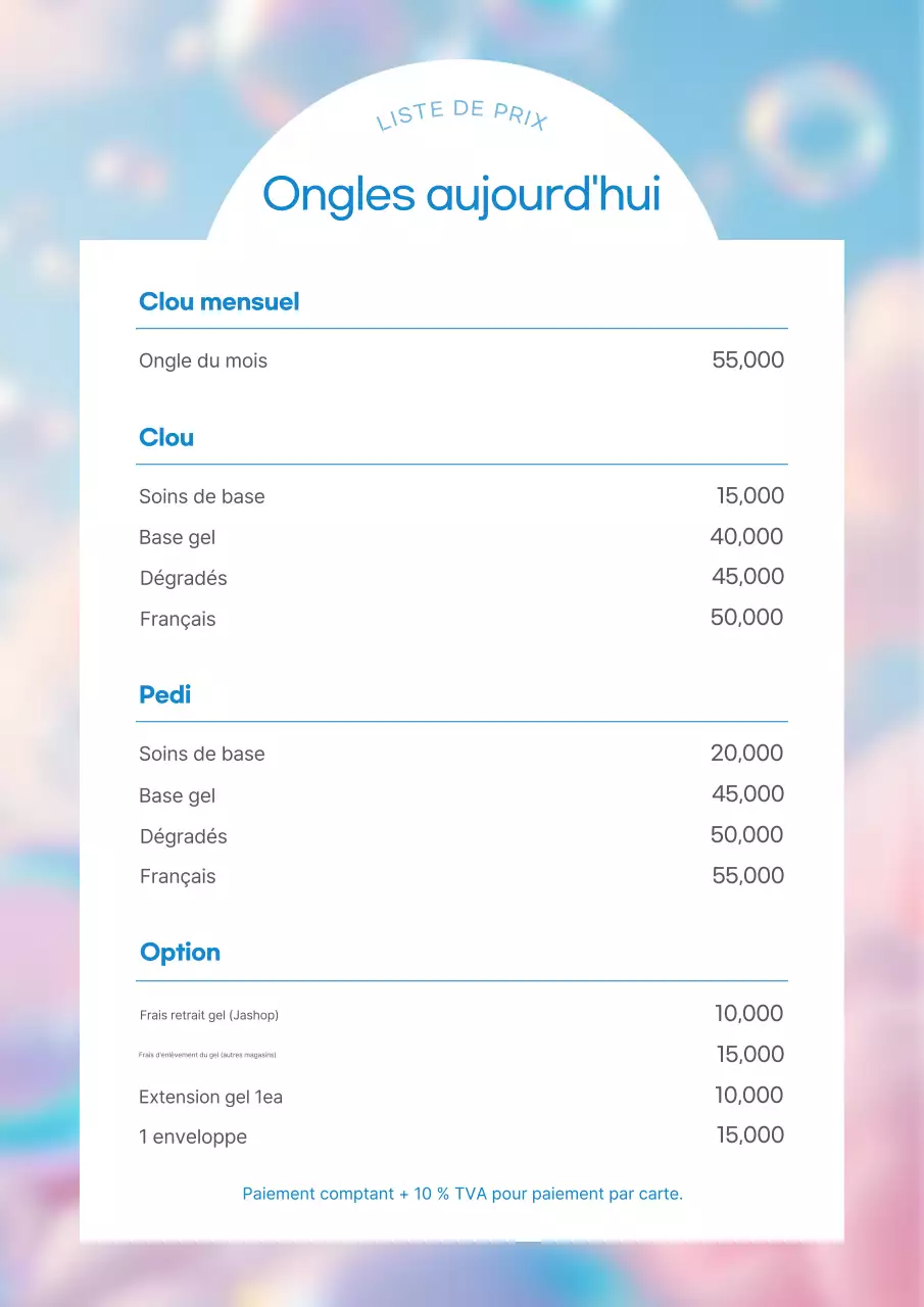 Liste de prix des ongles simples bleus