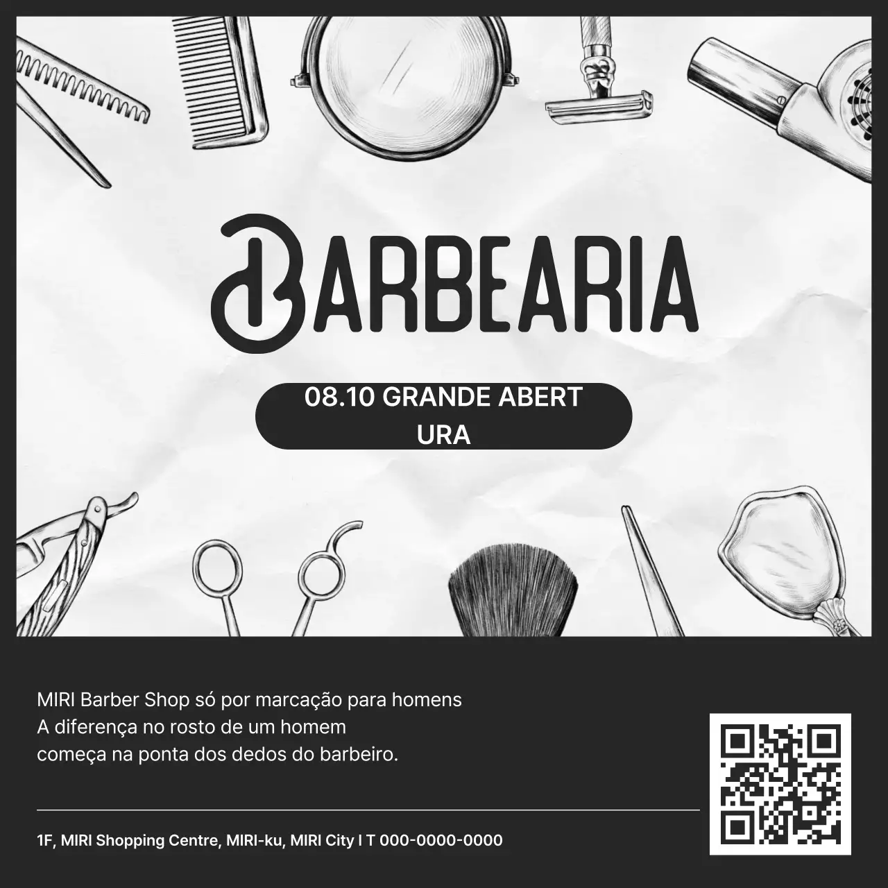 Barbearia vintage em preto e branco aberta