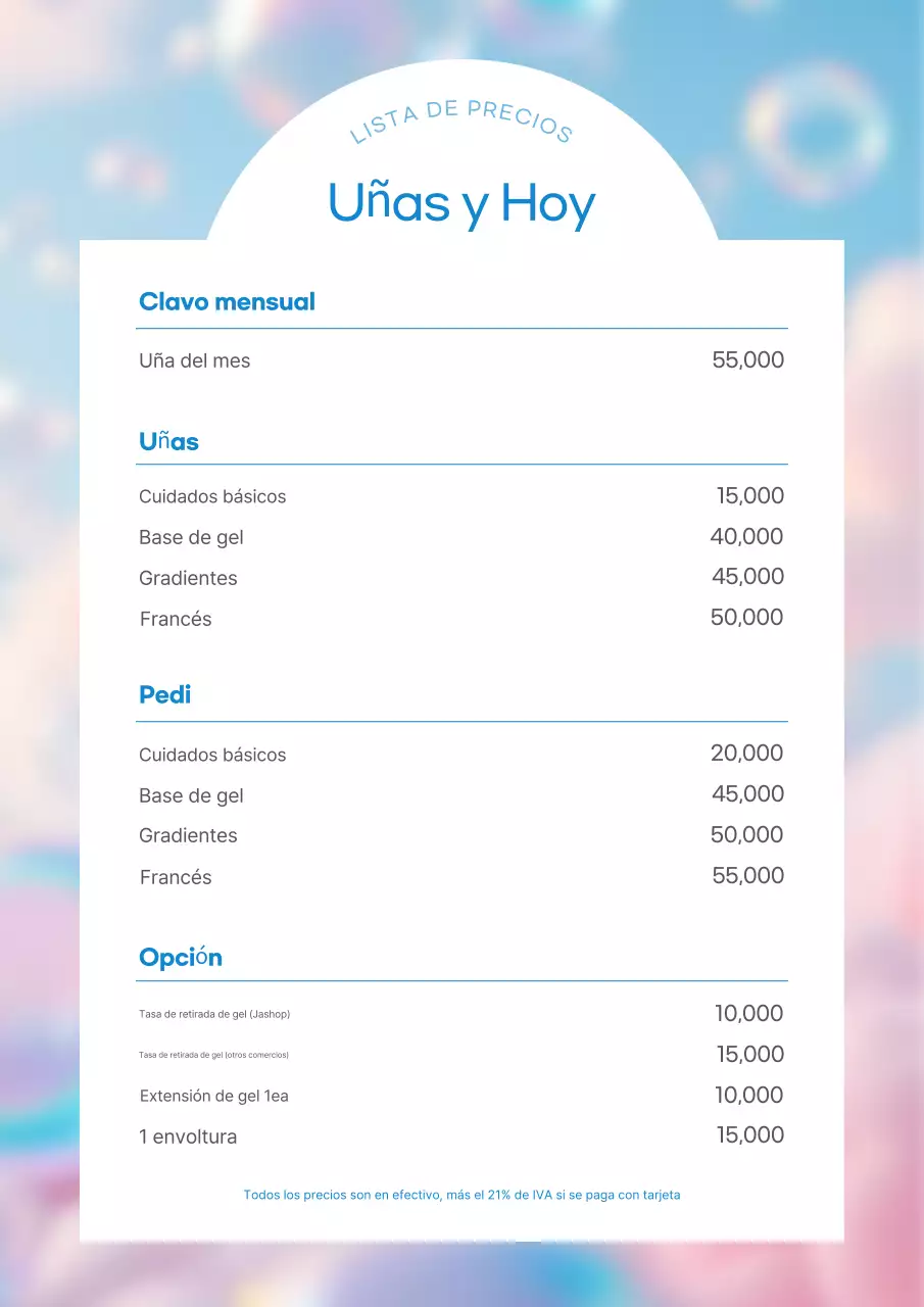 Lista de precios de uñas sencillas azules