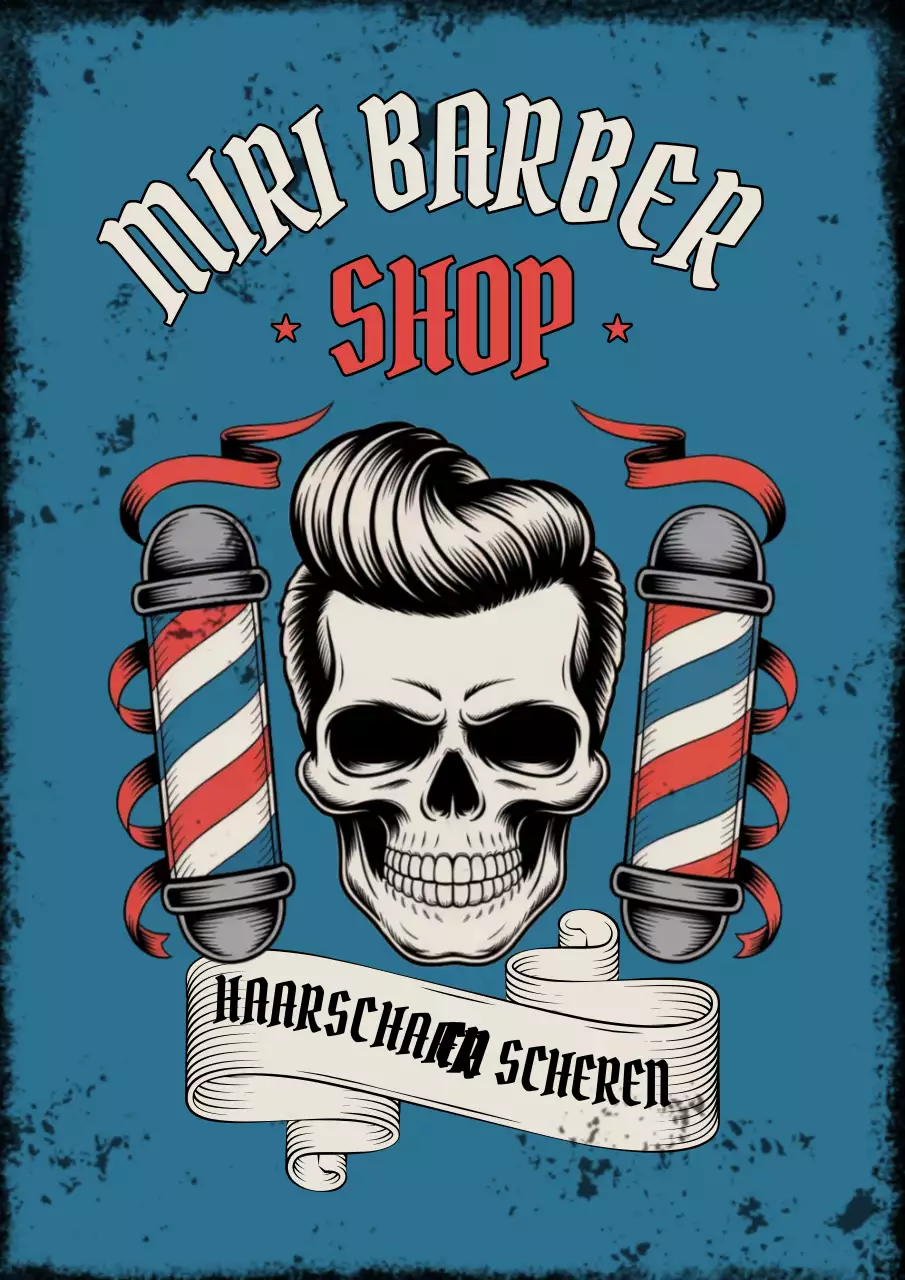 Blauwe vintage kapperszaakadvertentie