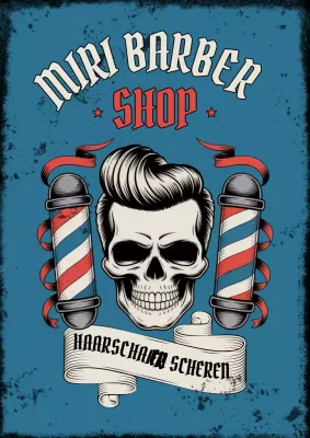 Blauwe vintage kapperszaakadvertentie