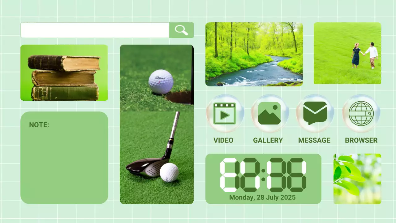 시계와 위젯이 포함된 녹색 자연 테마 디지털 오가나이저 대시보드