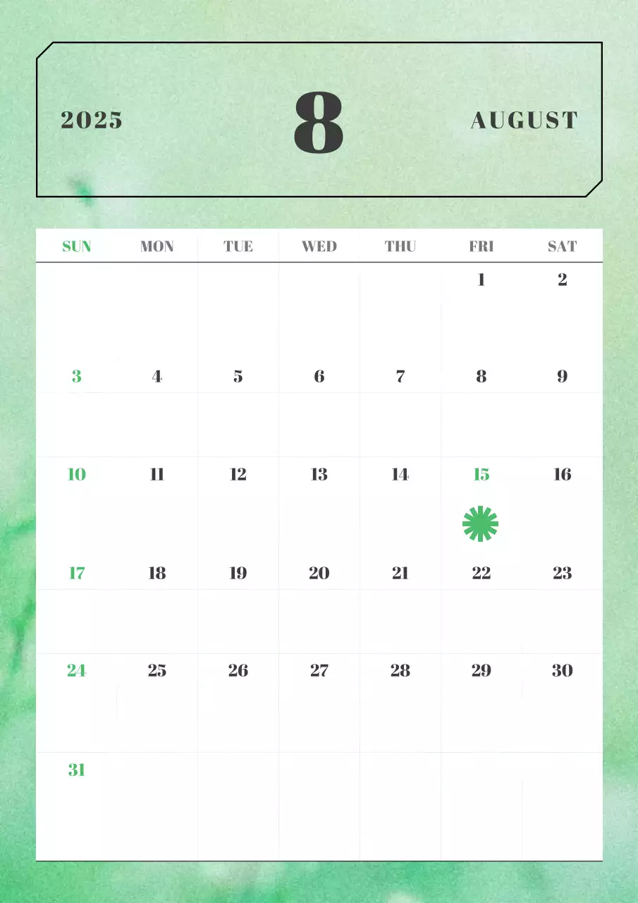 연두 심플 미니멀 8월 월간 스케줄 달력 캘린더
