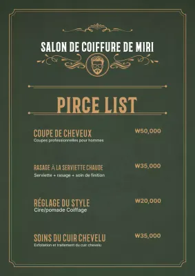 Liste de prix du salon de coiffure vintage kaki