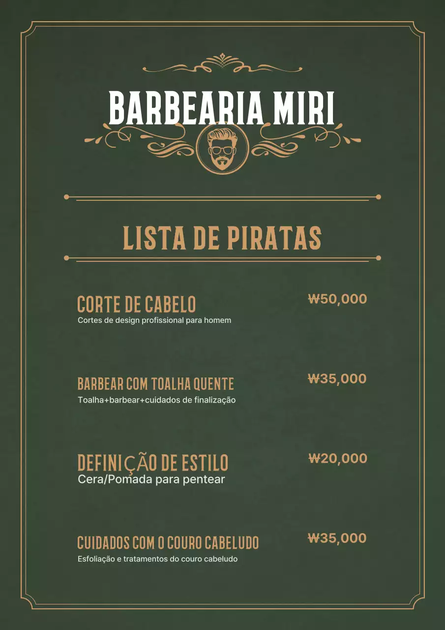 Lista de preços de barbearia vintage cáqui