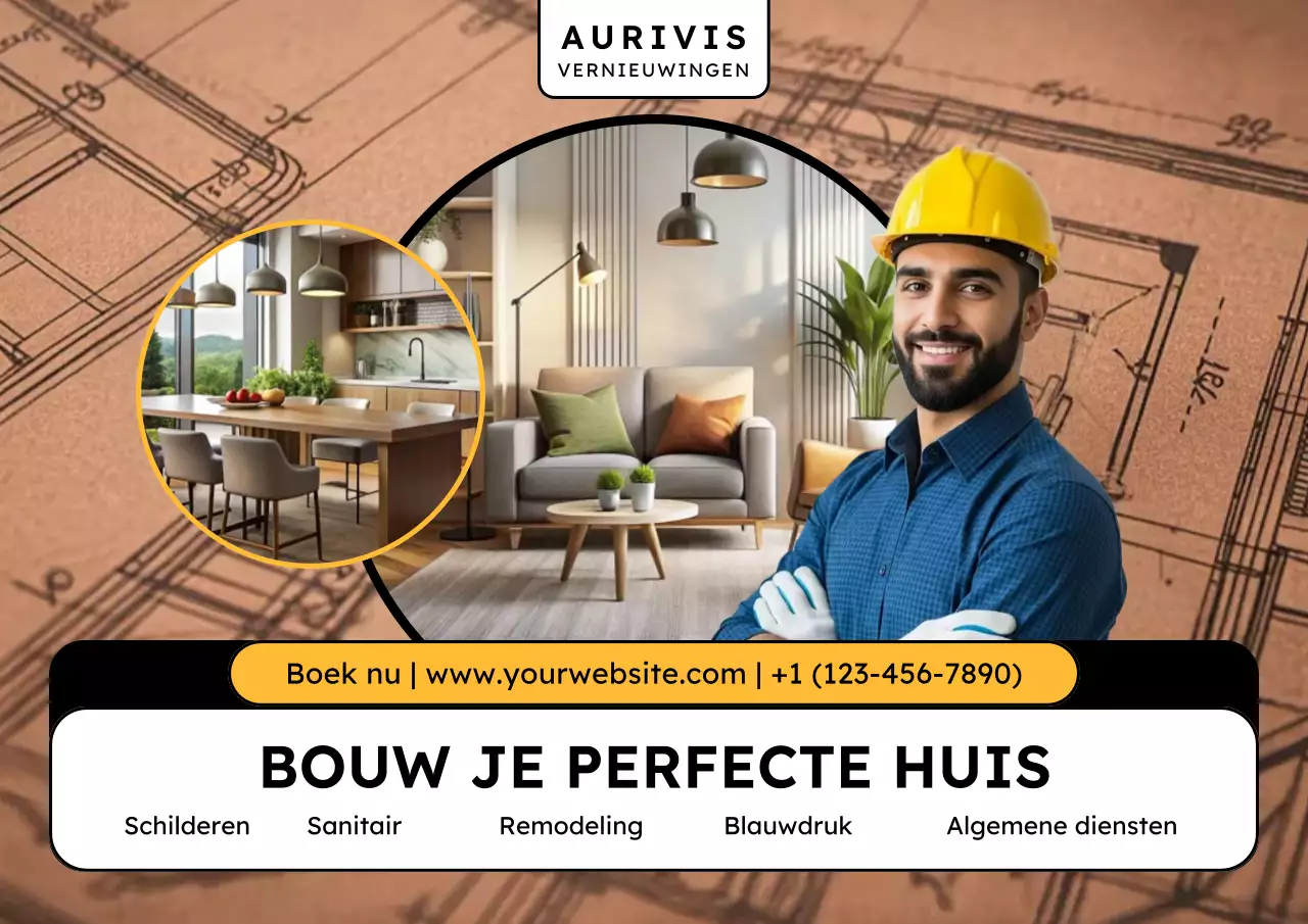 Beige moderne woningrenovatie promotieposter