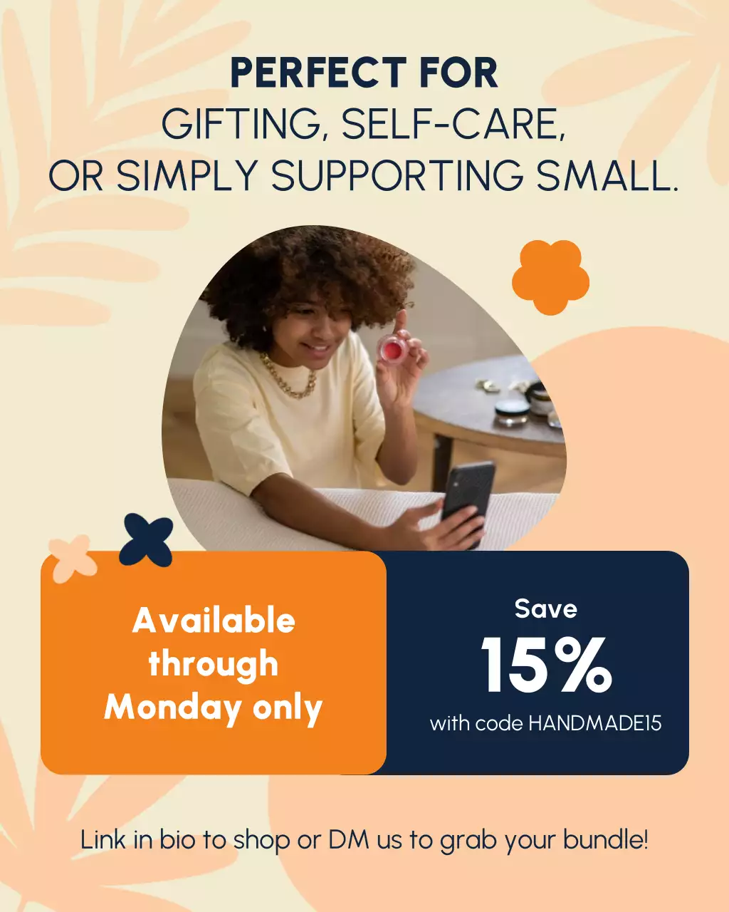 Bài đăng trên Instagram giới thiệu sản phẩm thủ công mỹ nghệ hữu cơ Orange and Navy cho Ngày Lao động