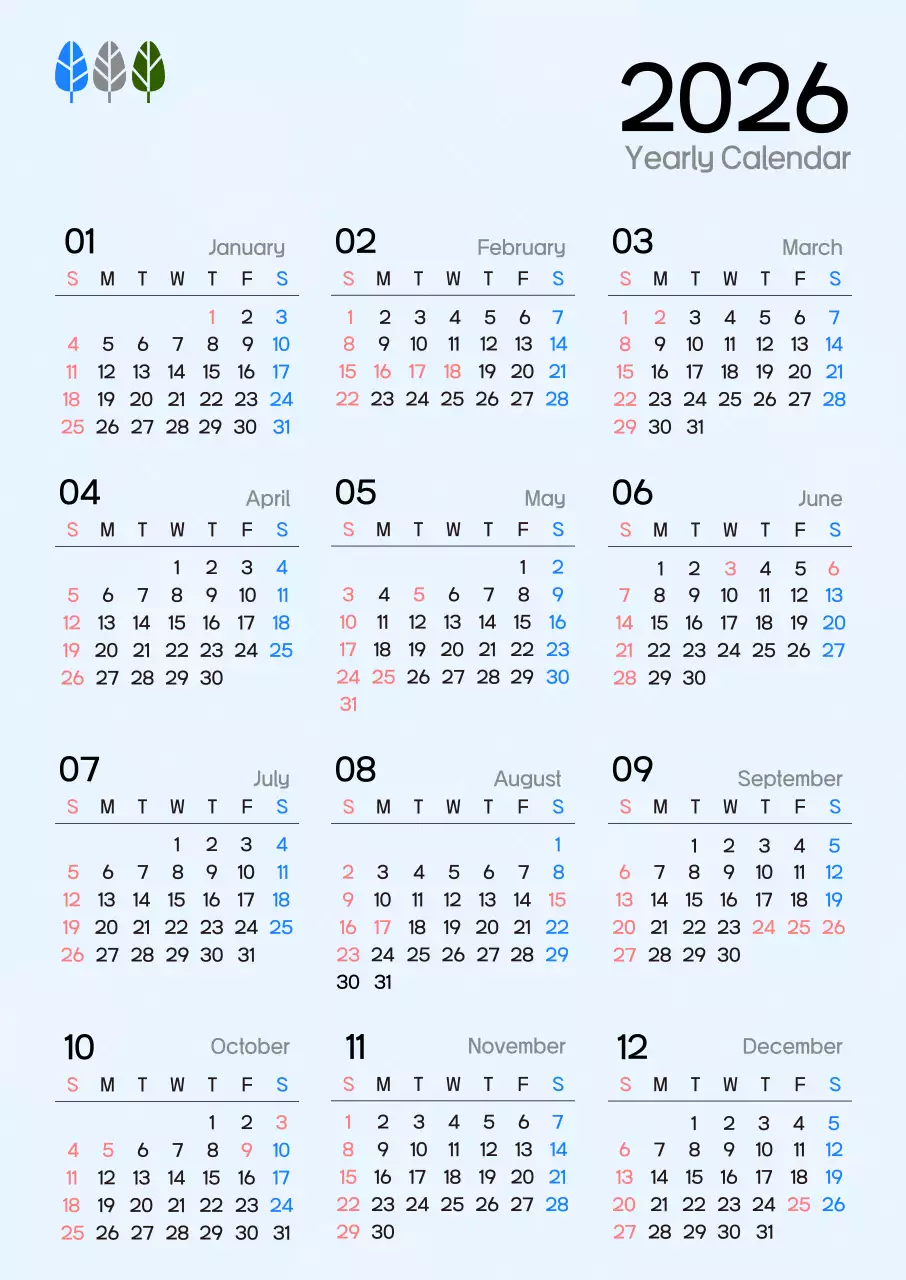 하늘색 심플 연간 달력