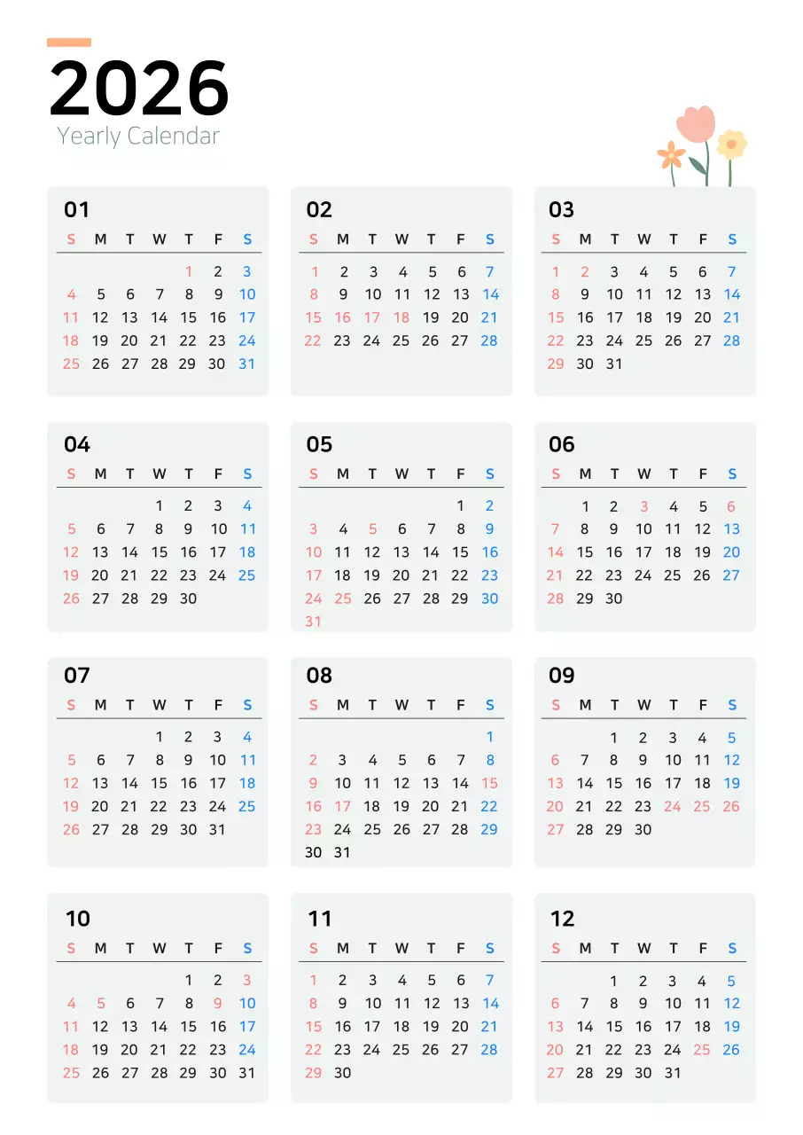 회색 깔끔 달력 연간 계획