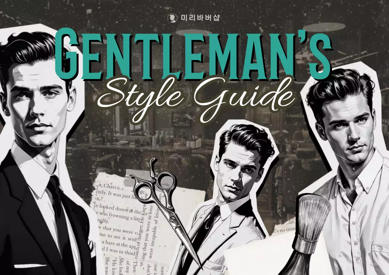 흑백의 레트로한 바버샵 남자 헤어 스타일 가이드 광고