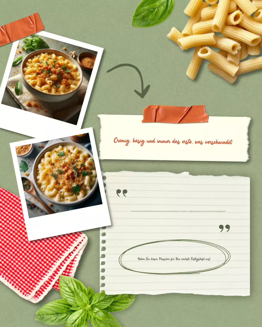 Instagram-Post mit Rezept für grünes rustikales Mac and Cheese