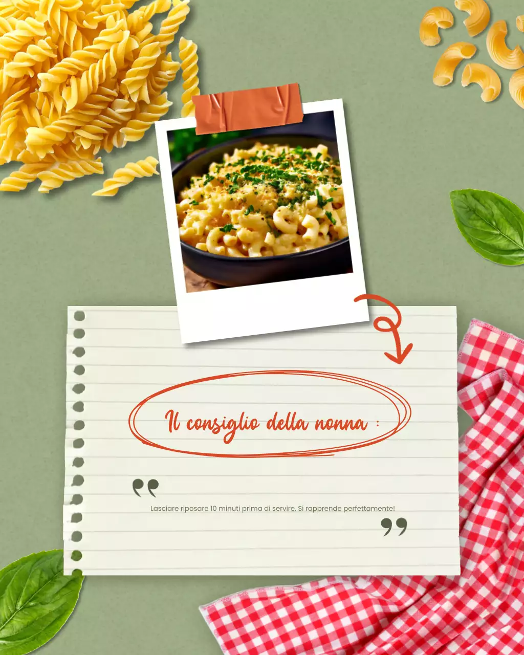Ricetta per maccheroni al formaggio rustici verdi, post su Instagram